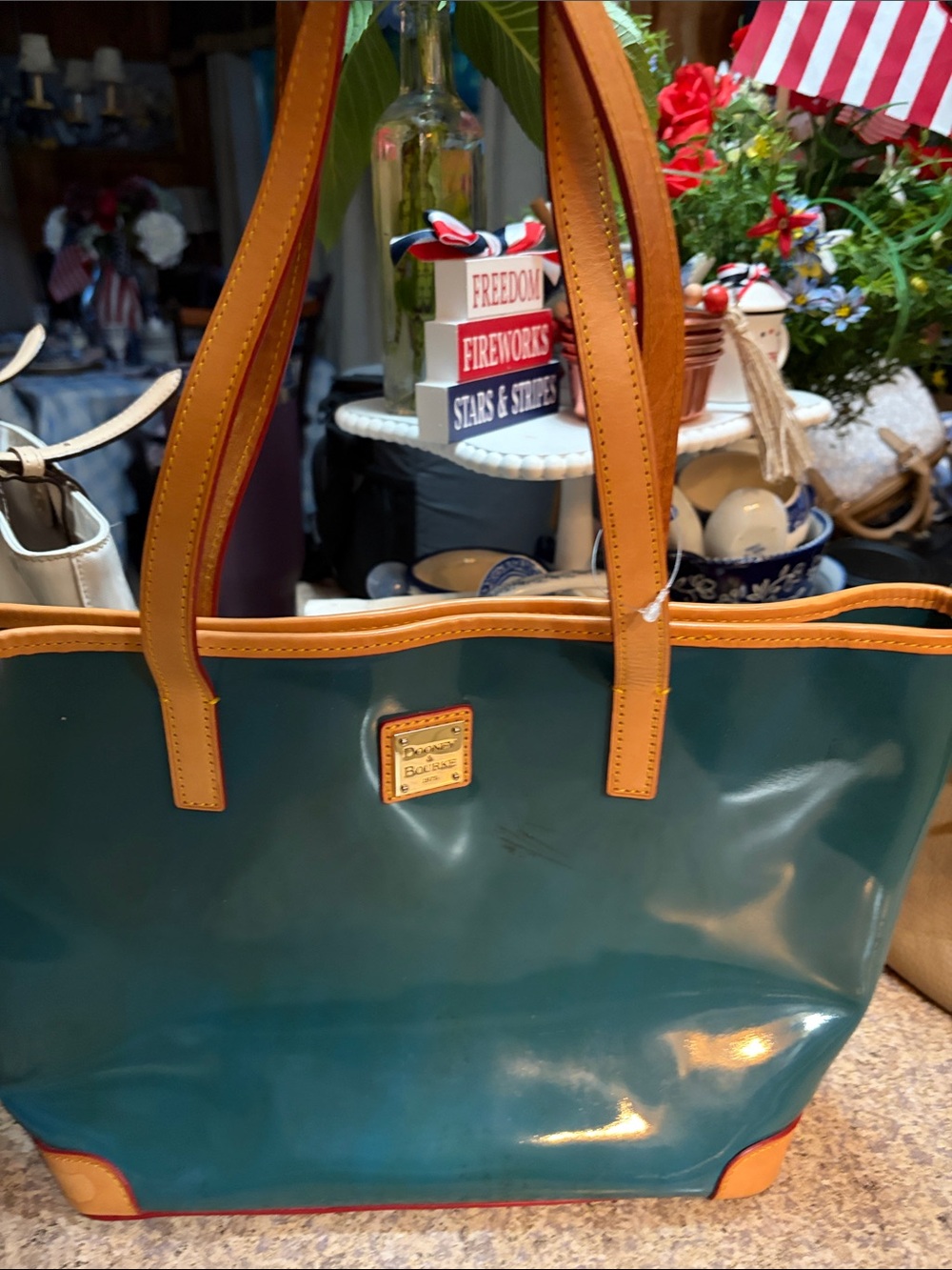 Dooney & Bourke Teal Patent Tote with Tan Trim